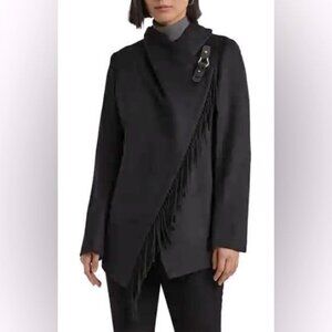 Lauren Ralph Lauren Fringe Drape Wool Blend Coat // Size 10 // Black // EUC
